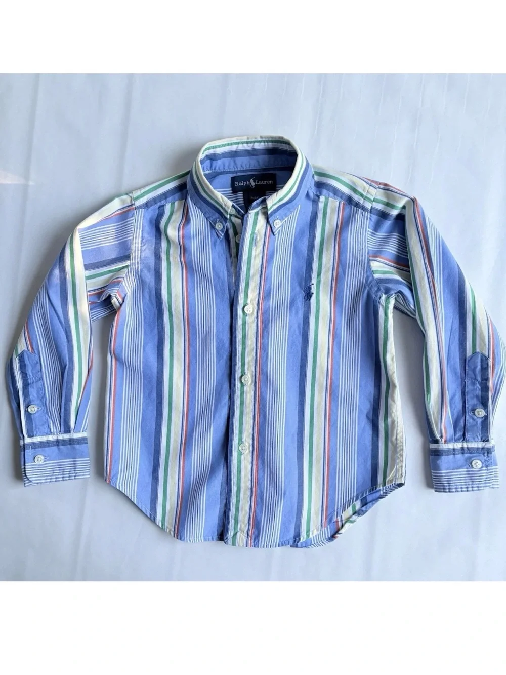 Ralph Lauren Boys Button Down Oxford Shirt 2 2T Blue Pony Logo Preppy Stripes